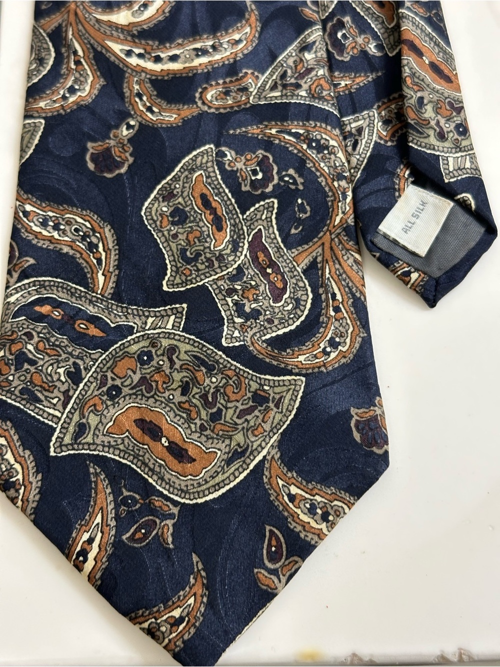 Pierre Cardin Navy Paisley Silk Tie with Brown & Cream Accents . Silk